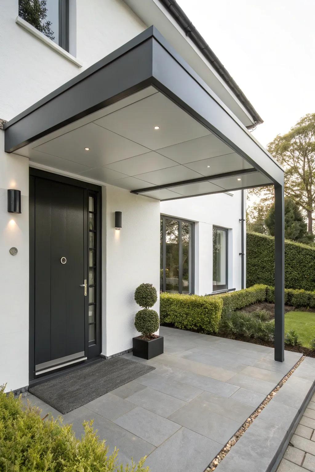 Contemporary flat roof canopy complementing modern architecture.