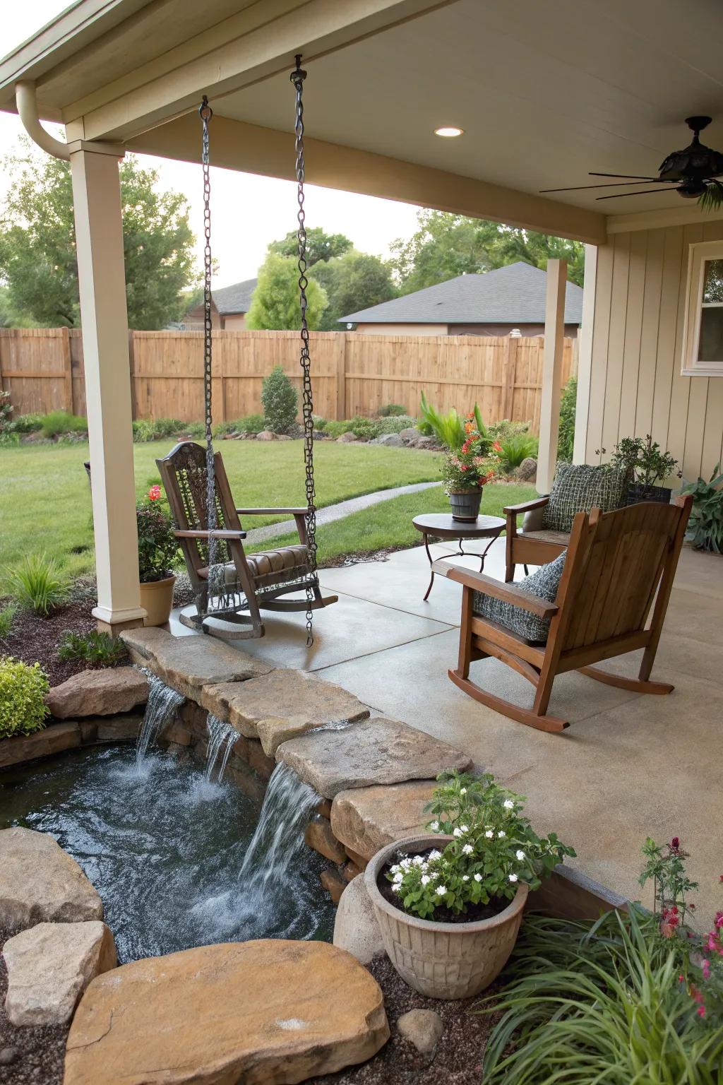 A water feature adds tranquility and charm.