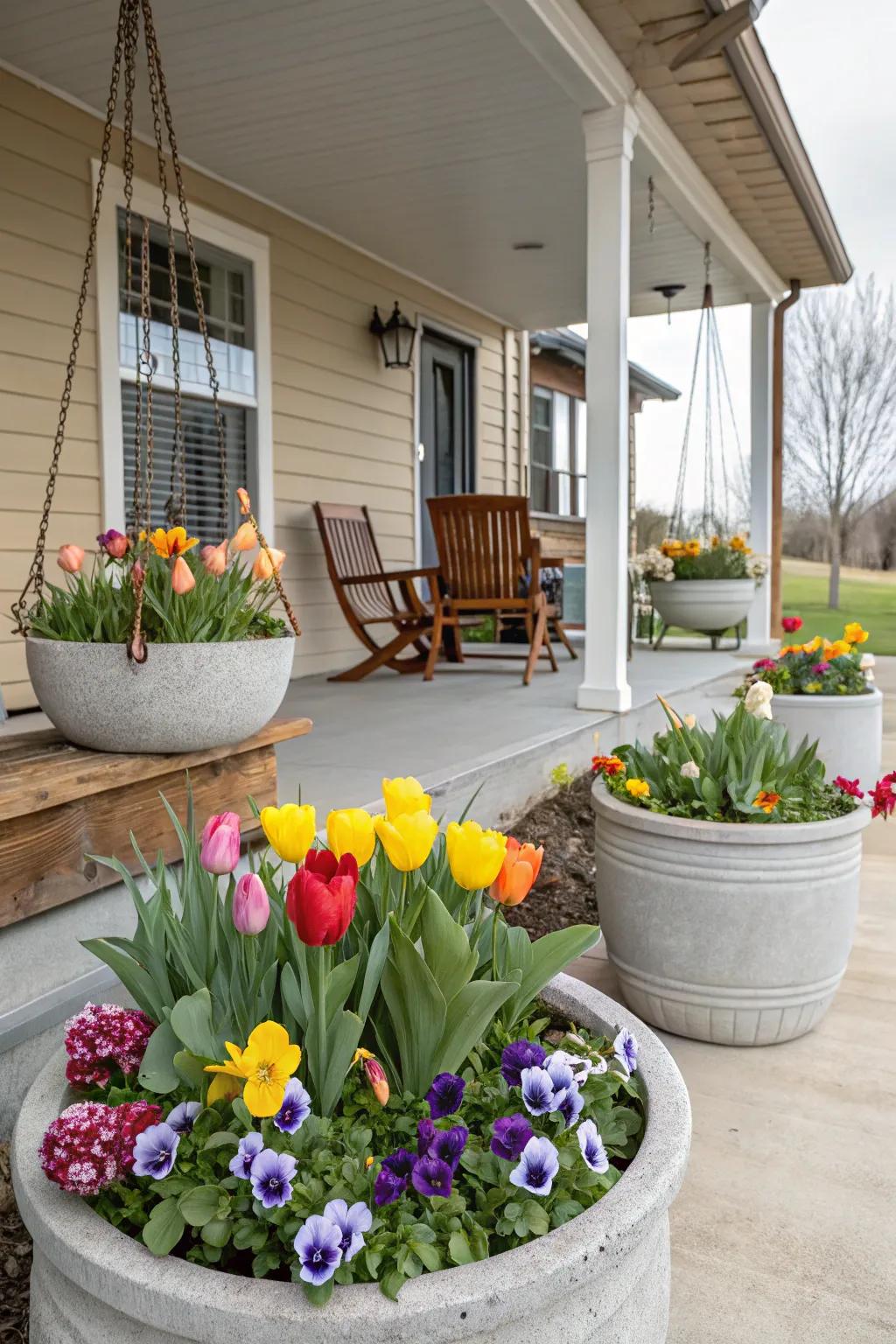 Spring delight with tulips and pansies.