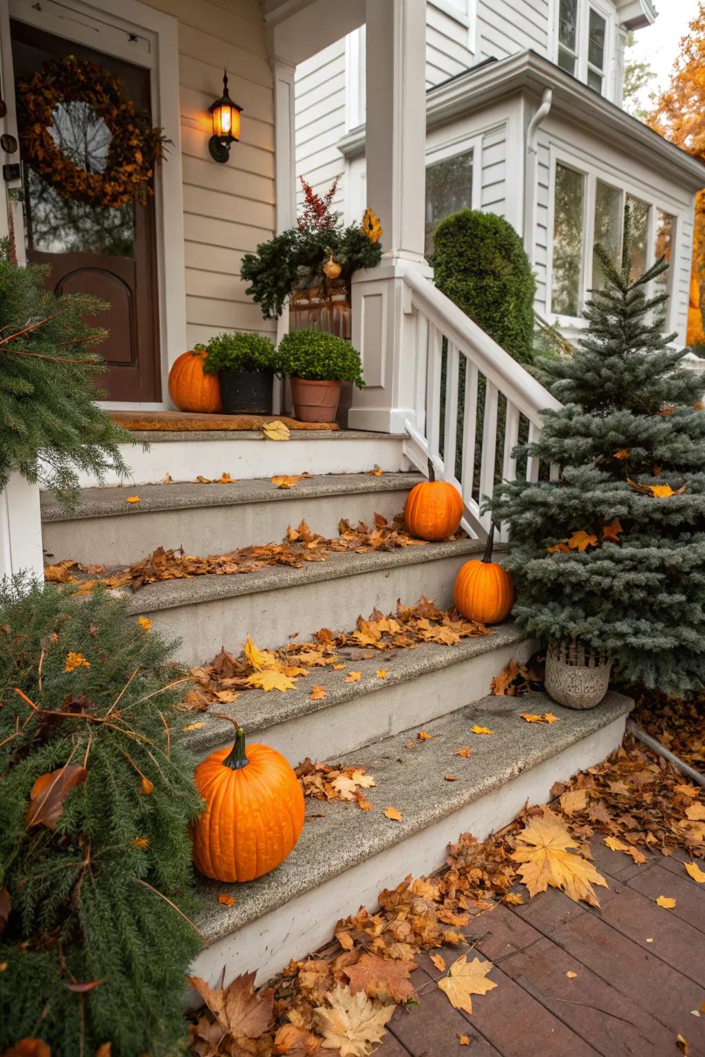 Seasonal decor enhances the welcoming vibe of porch steps.