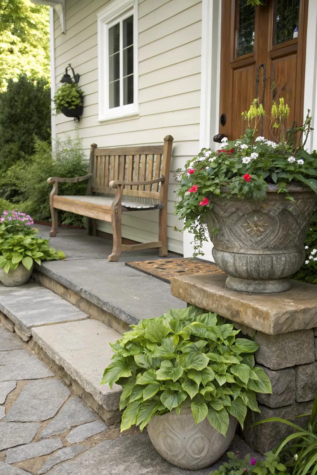 Natural materials add warmth and texture to your front stoop.