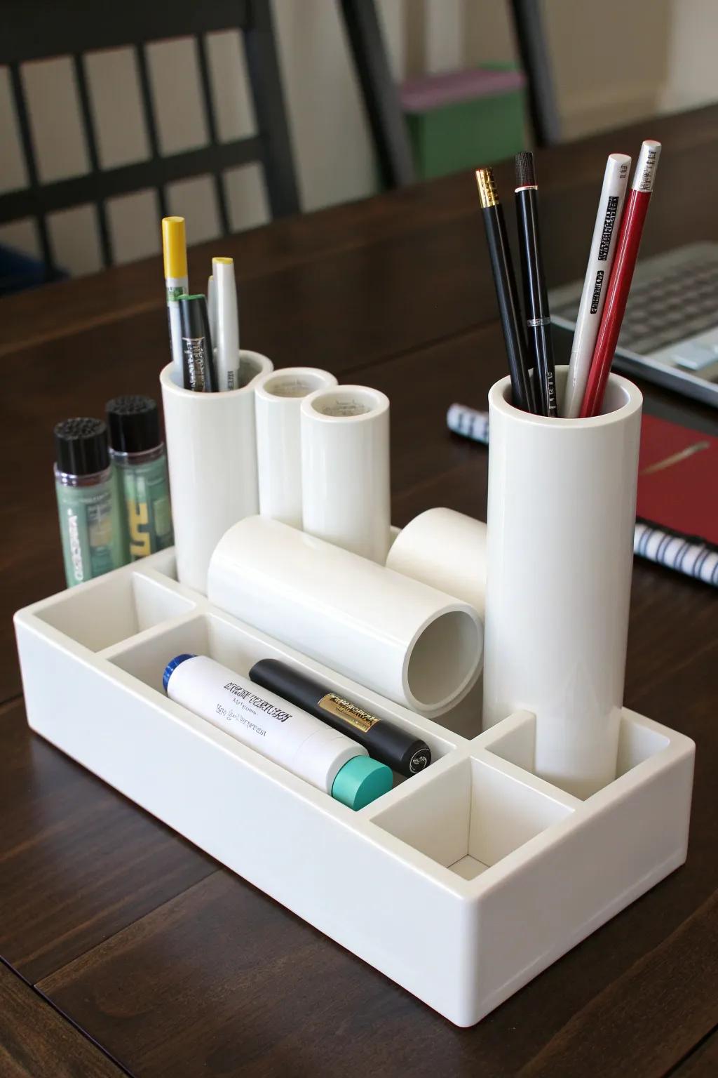Elevate your workspace with this sleek DIY desk organizer crafted from PVC pipes—where functionality meets craftsmanship.