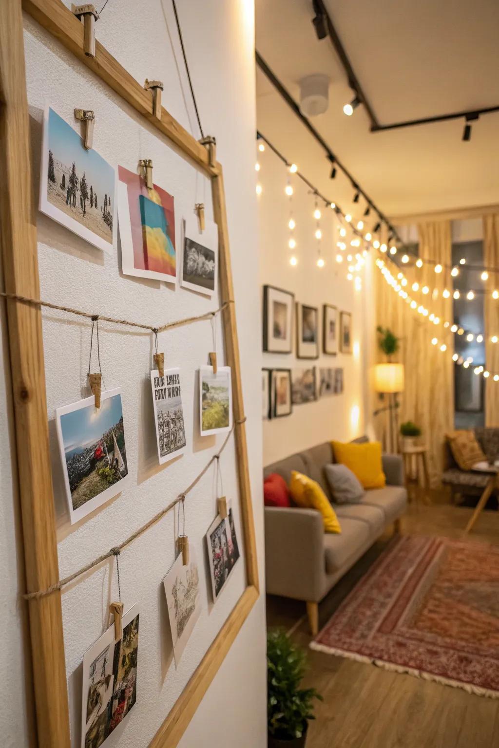 A frame-free gallery wall using clips and strings in a creative space.