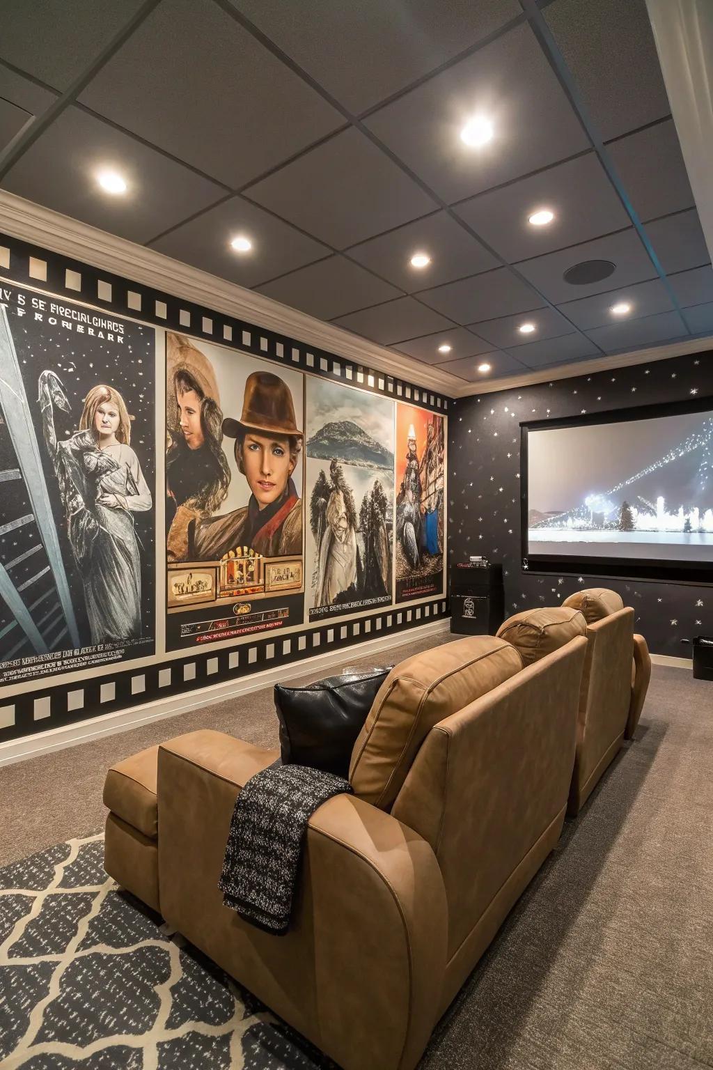 A movie-themed game room mural for a cinematic experience.