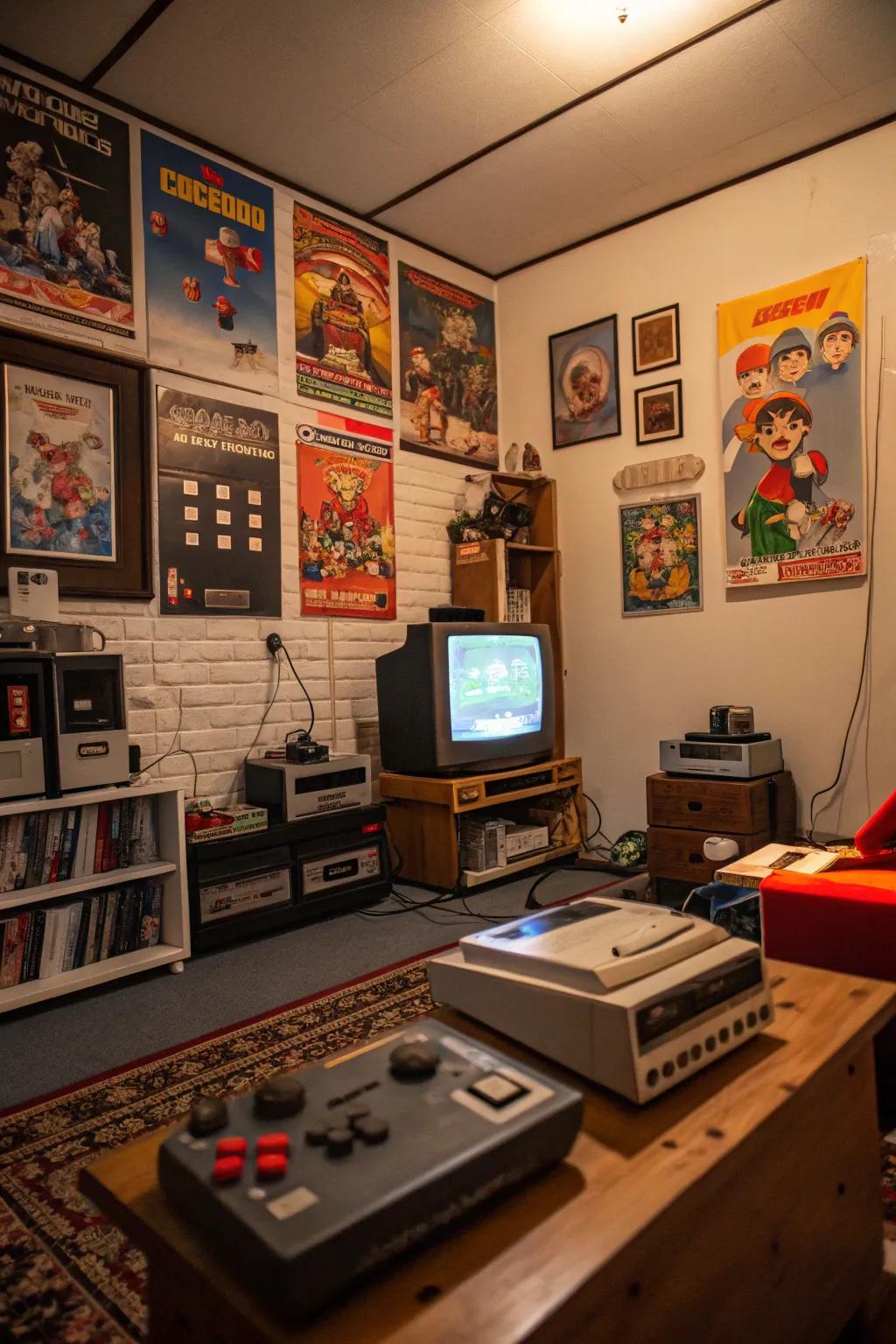 A retro-inspired gaming room that combines vintage elements with modern functionality.