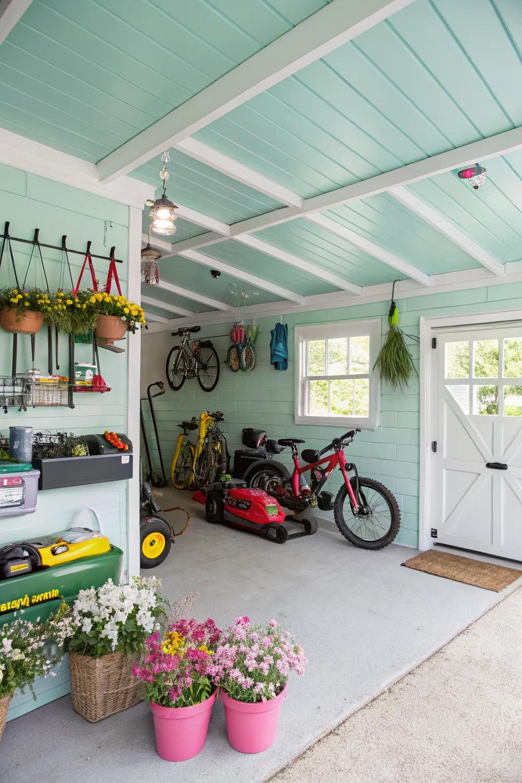 A crisp mint ceiling provides refreshing coolness to your garage.