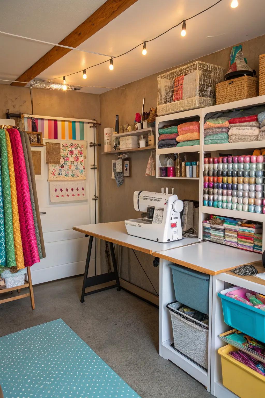 A vibrant craft and sewing room created from a converted garage.