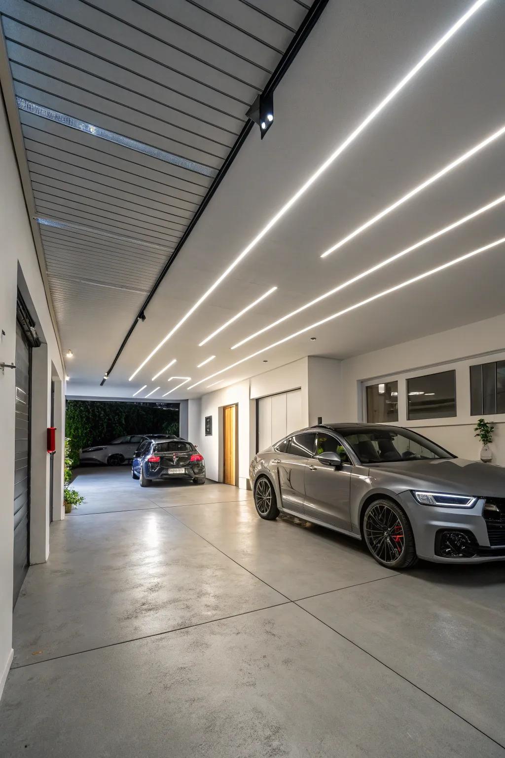 Linear ceiling lights offer modern and evenly distributed lighting for any garage size.