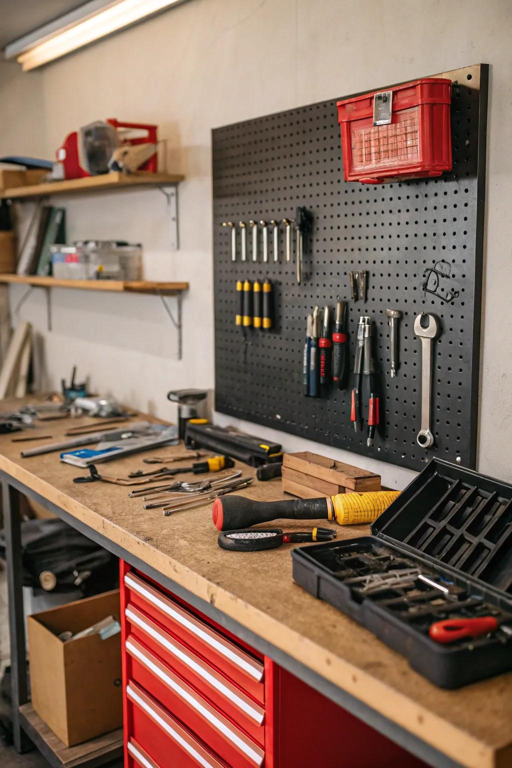 A pegboard keeps tools organized and accessible.