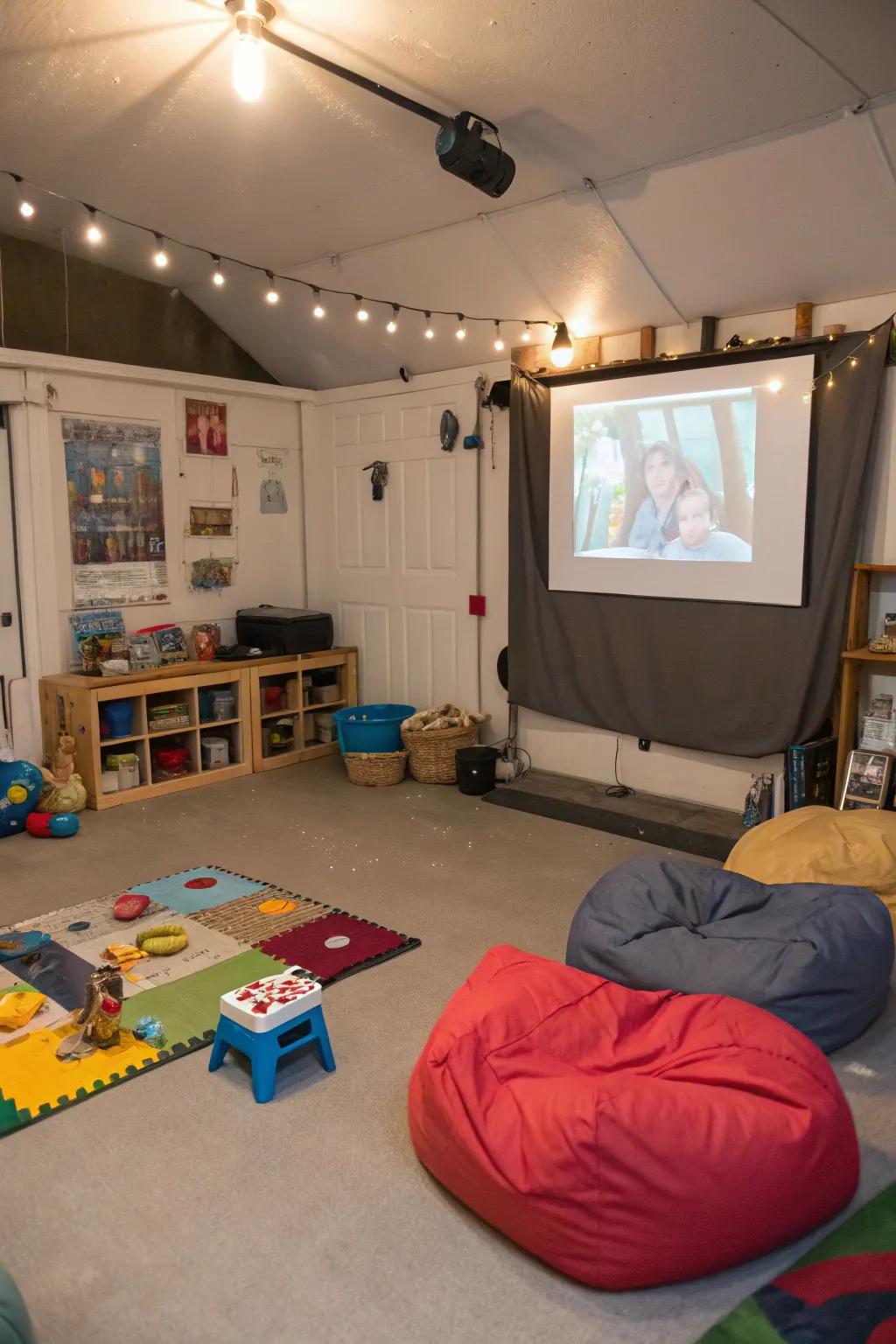 A theater corner is perfect for movie nights and imaginative play.