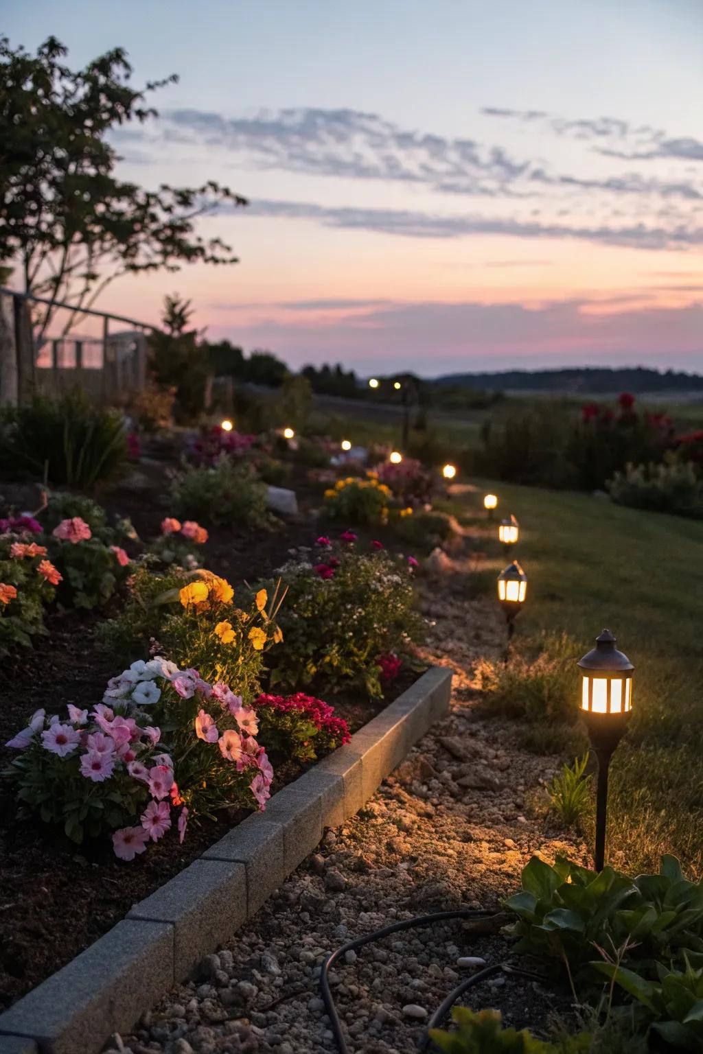 Stake lights highlight the beauty of your garden beds.