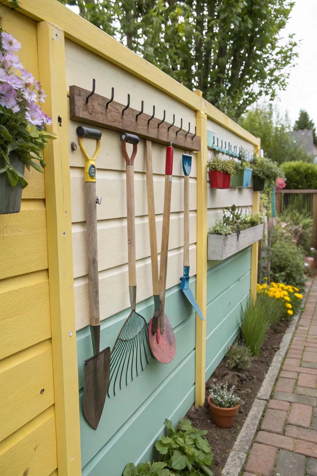 A decorative wall with painted boards creates a stylish tool storage solution.