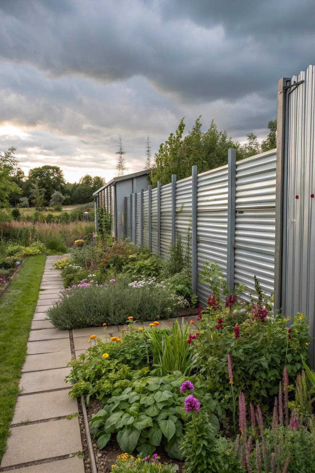 Modern industrial style with corrugated metal fencing.