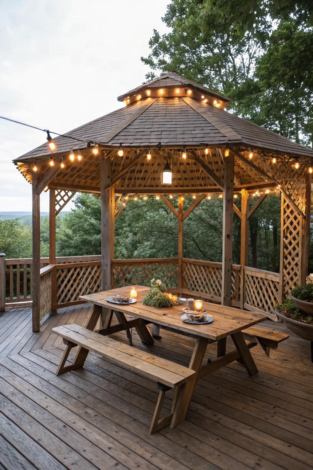 Enjoy outdoor dining with a rustic picnic gazebo on your deck.