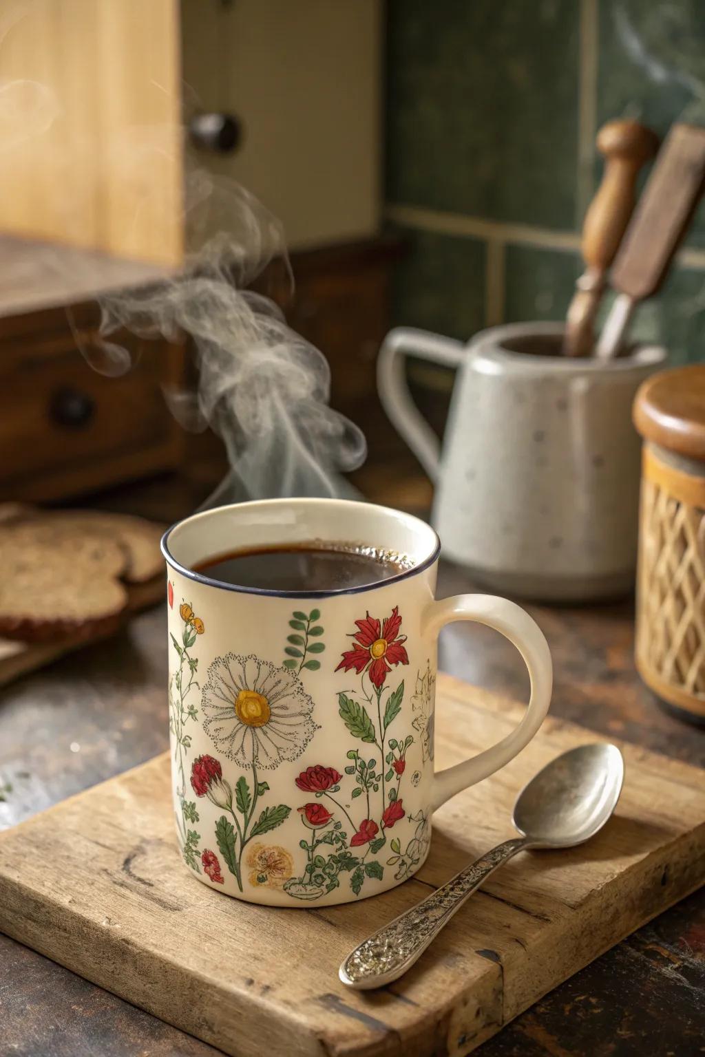 A ceramic mug with country charm for the perfect morning coffee.