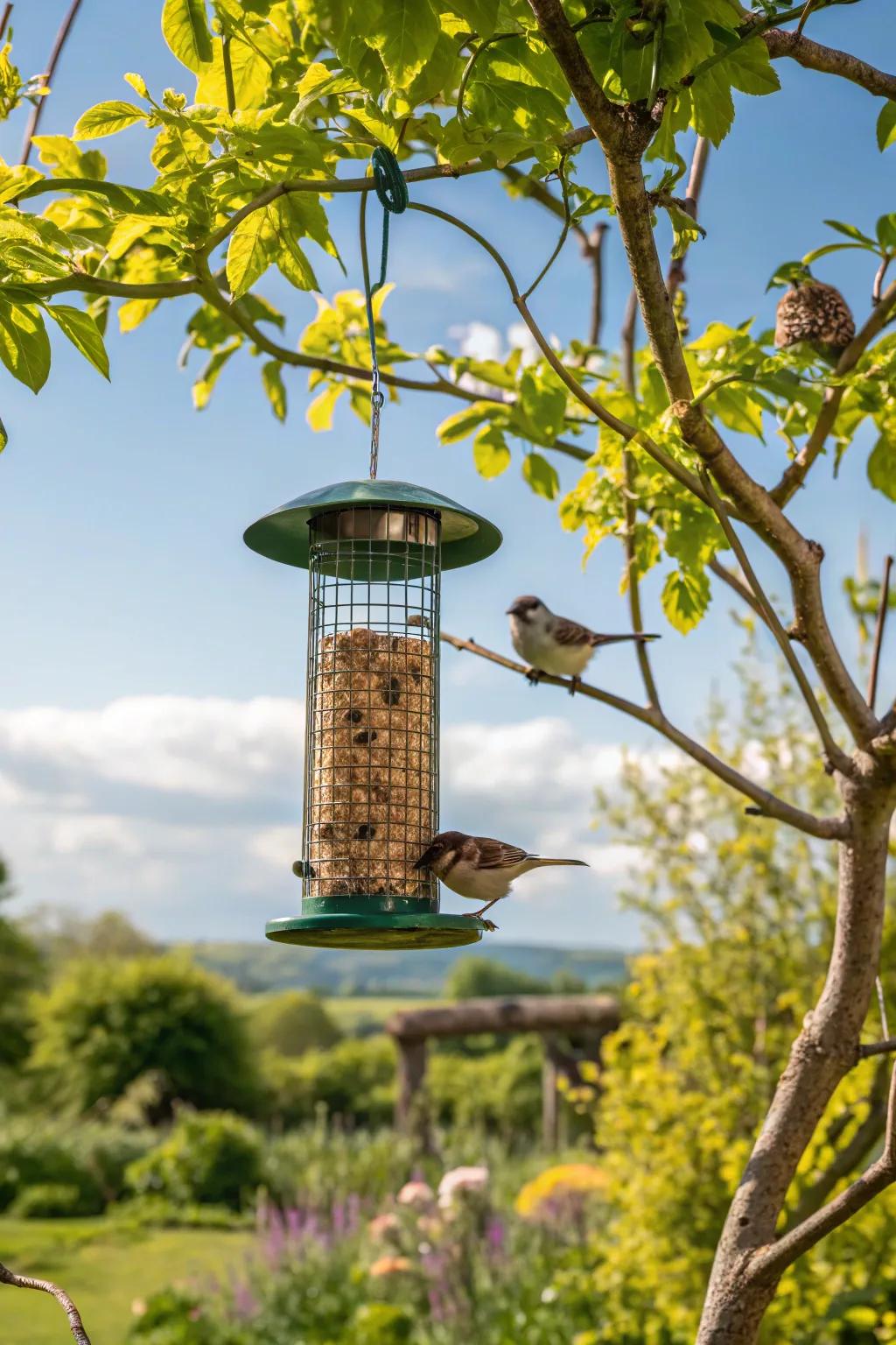 A bird feeder brings nature and song to your garden.