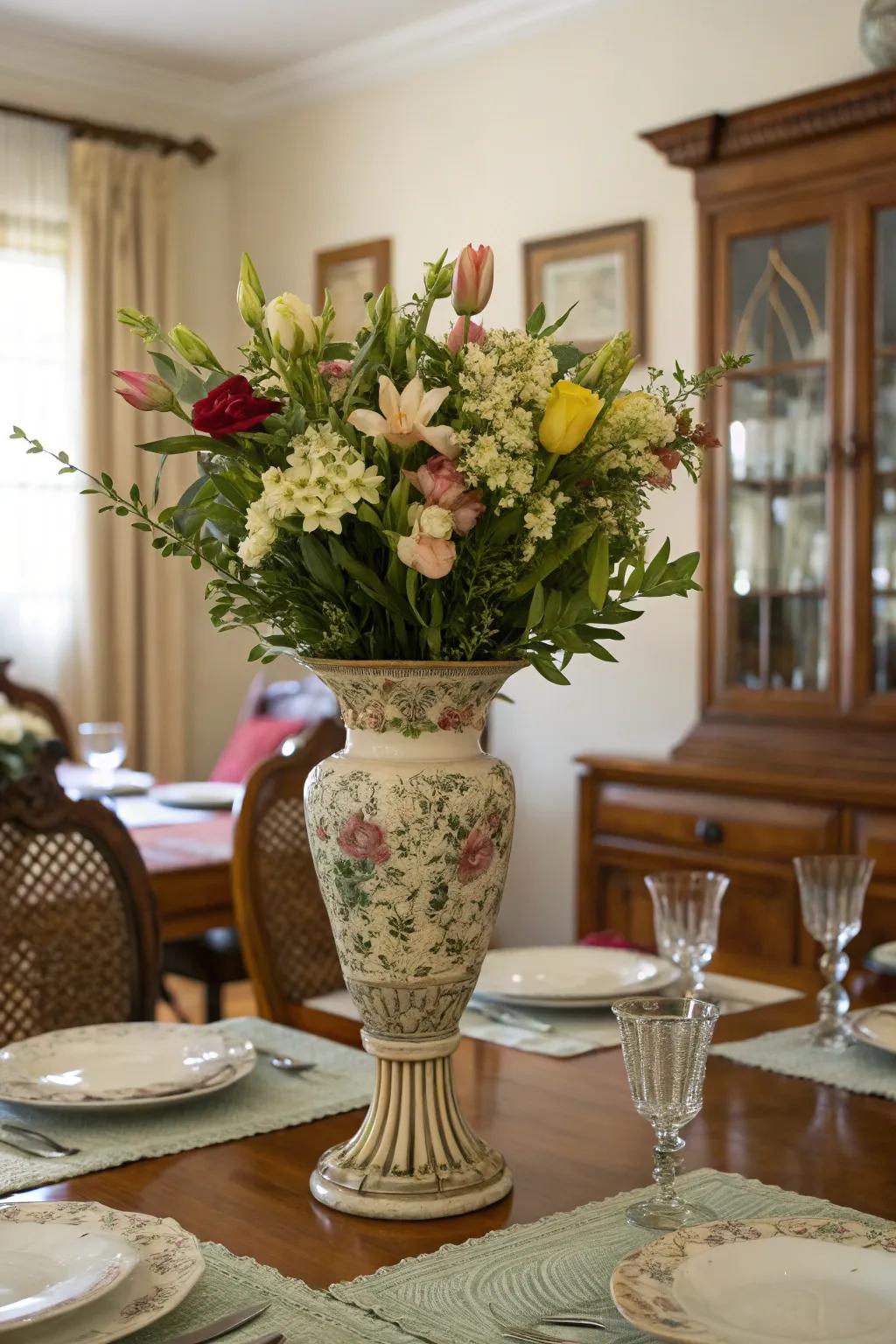 A vintage-inspired vase brings timeless elegance to any decor.