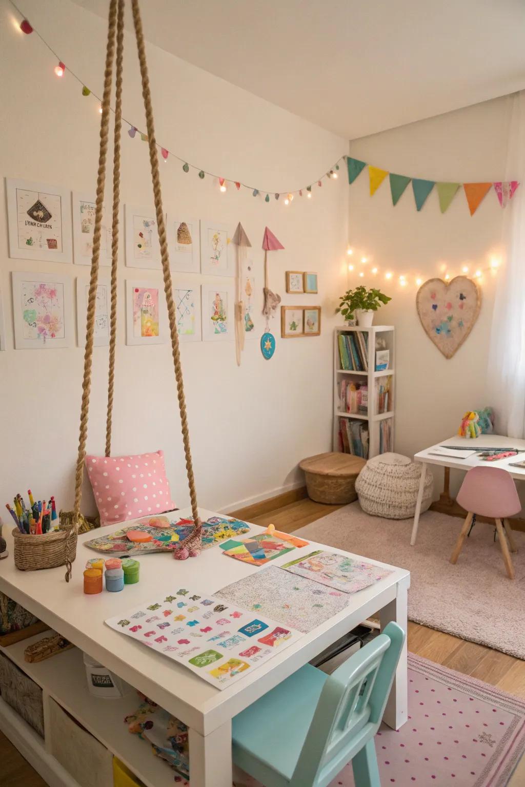 A girl's bedroom with a designated play area featuring a craft table and swing.