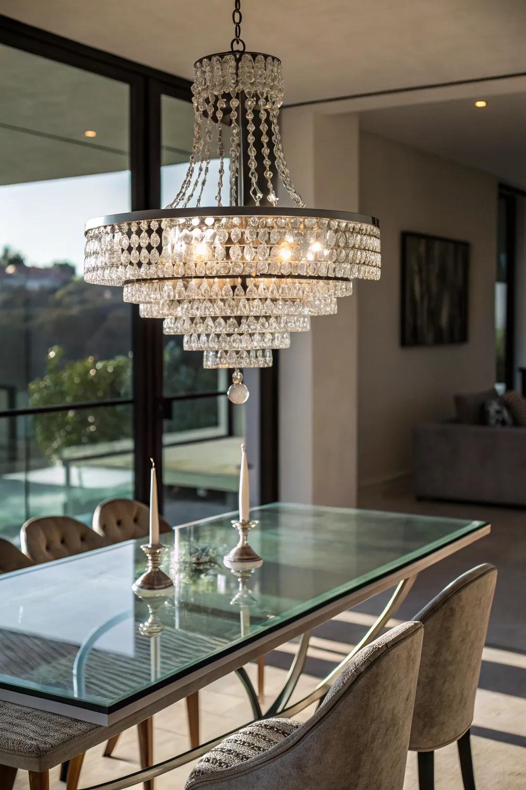 A statement chandelier illuminating a glass dining table.