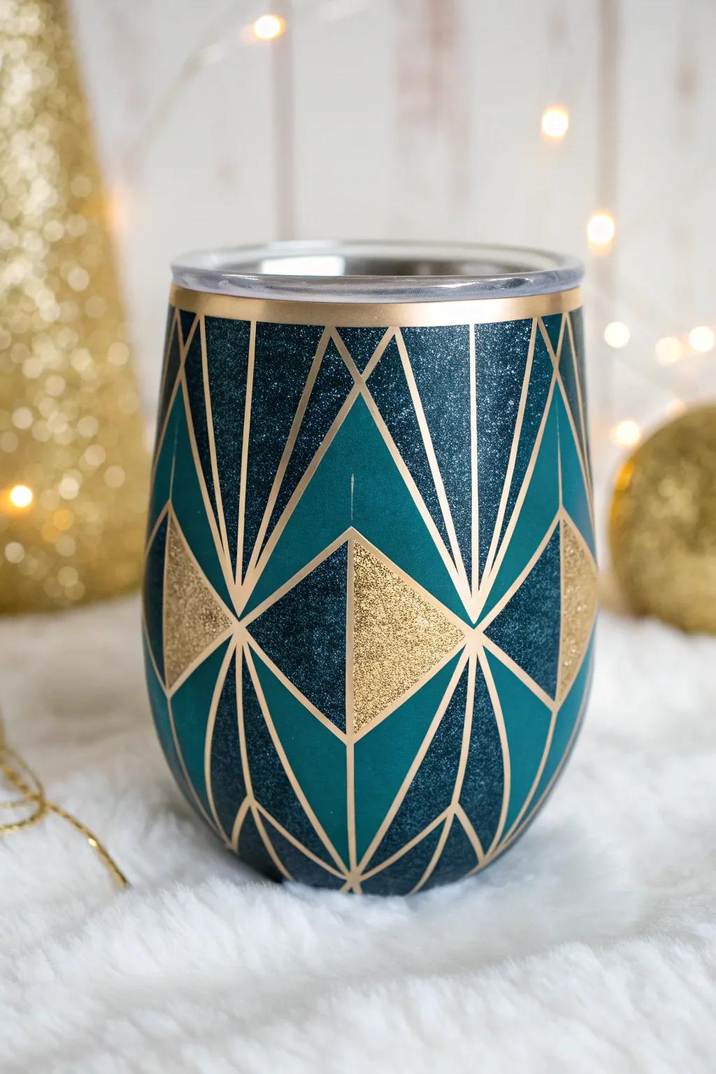 Add a touch of modern elegance to your drinkware with this stunning geometric glitter tumbler.