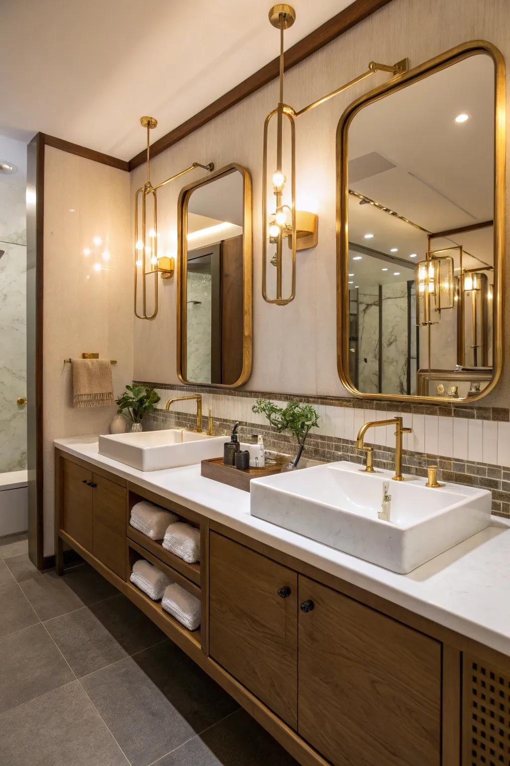 A bathroom with brushed brass fixtures for a modern touch.