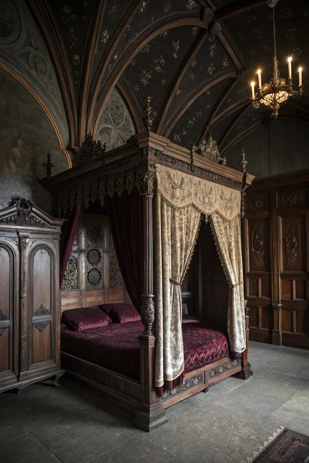 An ornate Gothic armoire adds grandeur and storage.