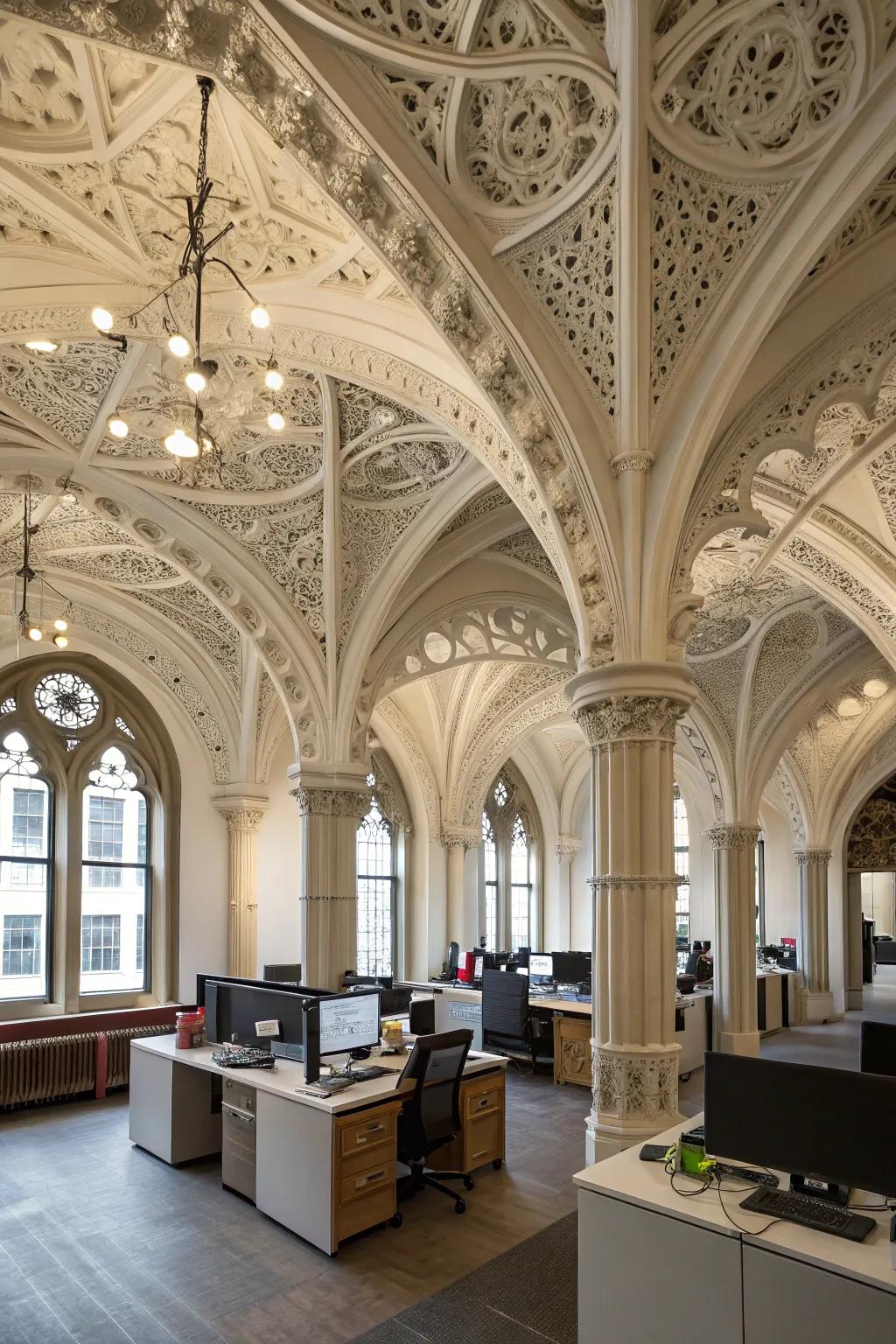 Intricate ceiling designs enhance the architectural feel of a Gothic office.