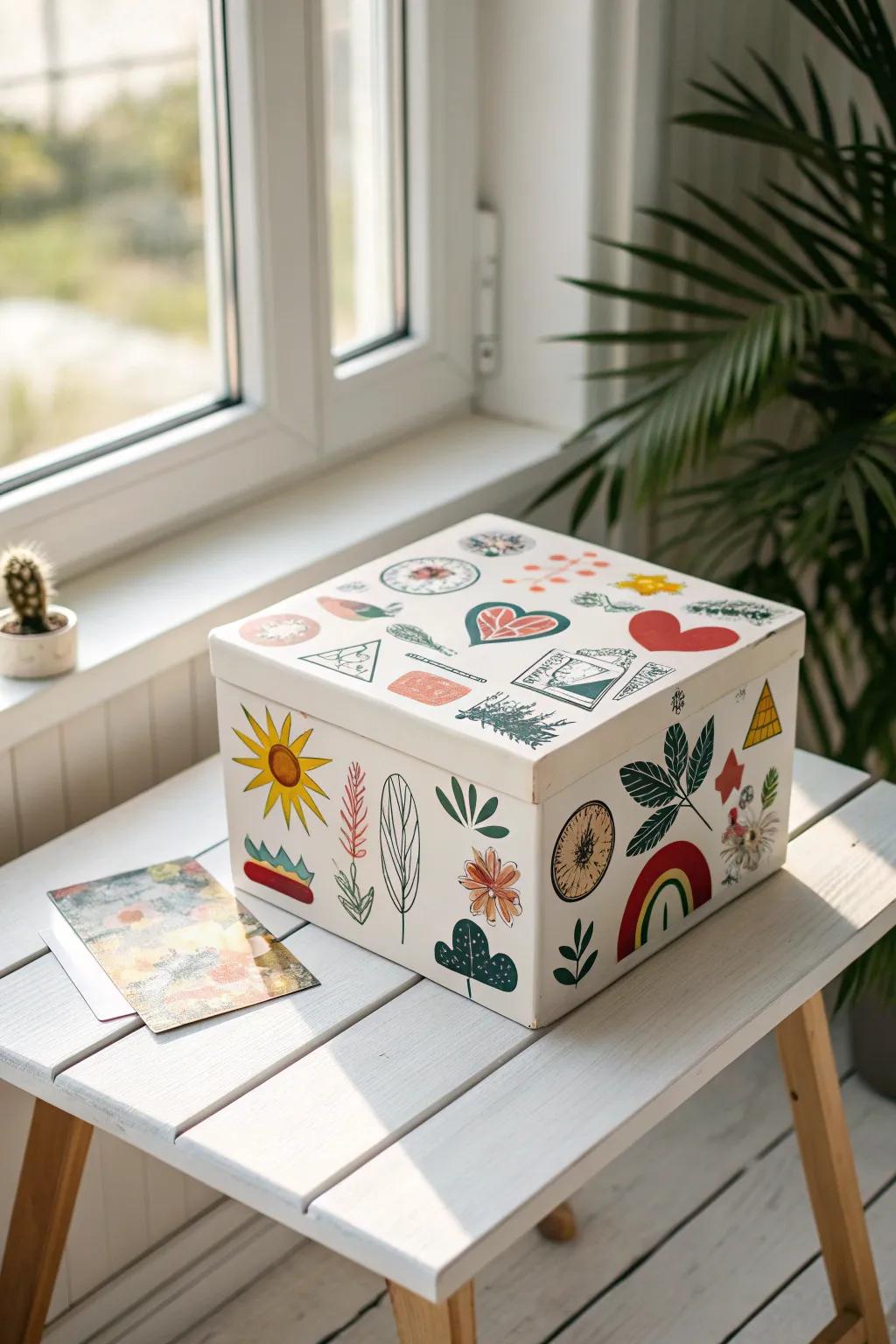 Express your personality with a gratitude box adorned with themed stickers, blending minimalist charm with boho flair.