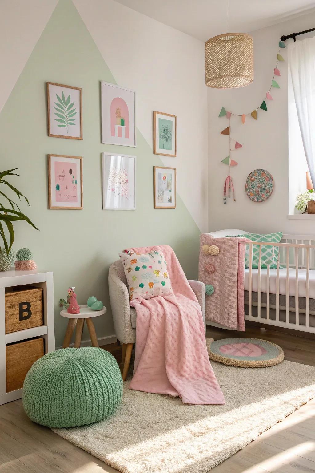 A dramatic nursery featuring a pink and green color scheme.