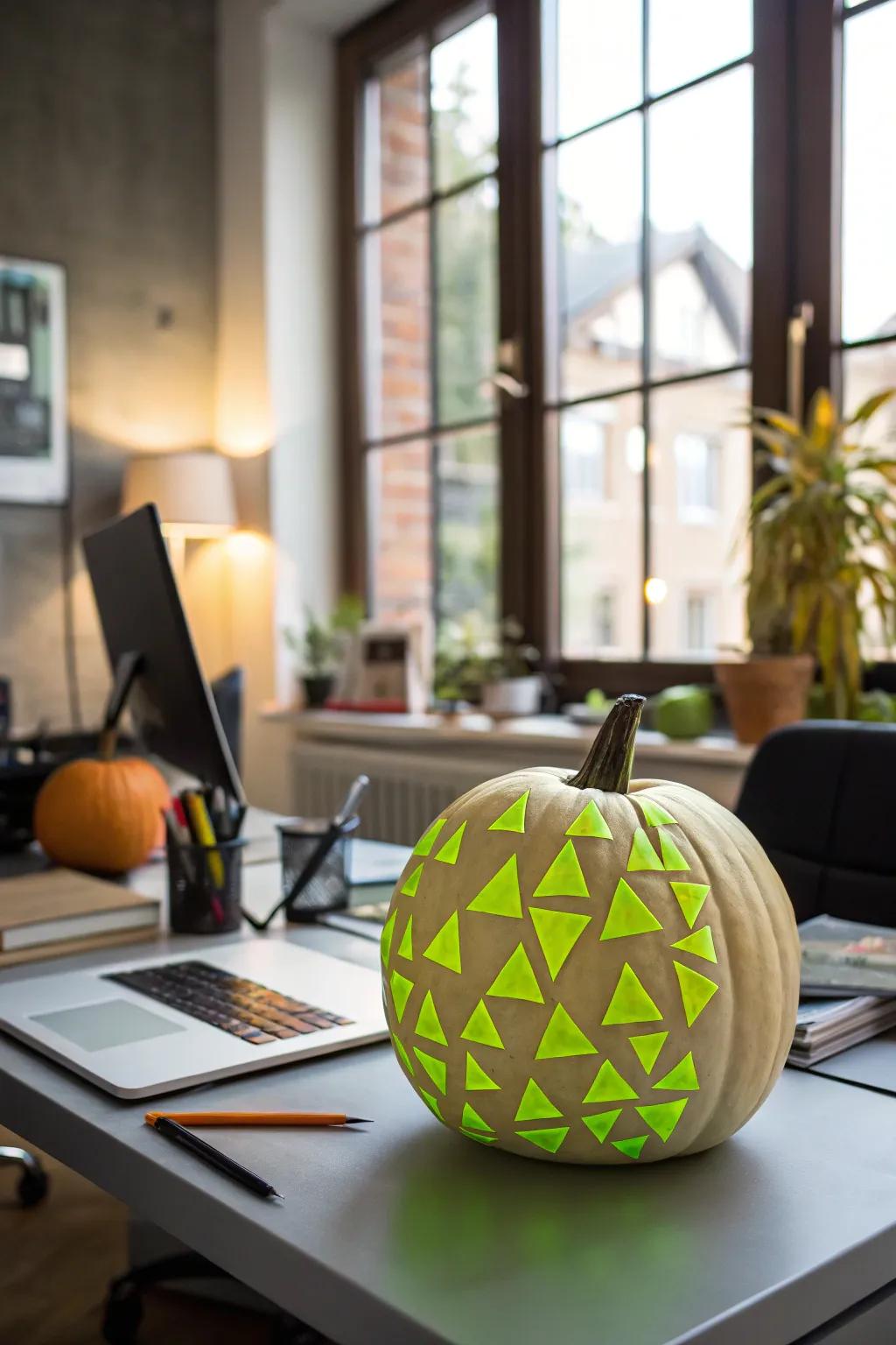 Lime green geometric pumpkin adding contemporary flair to the office.