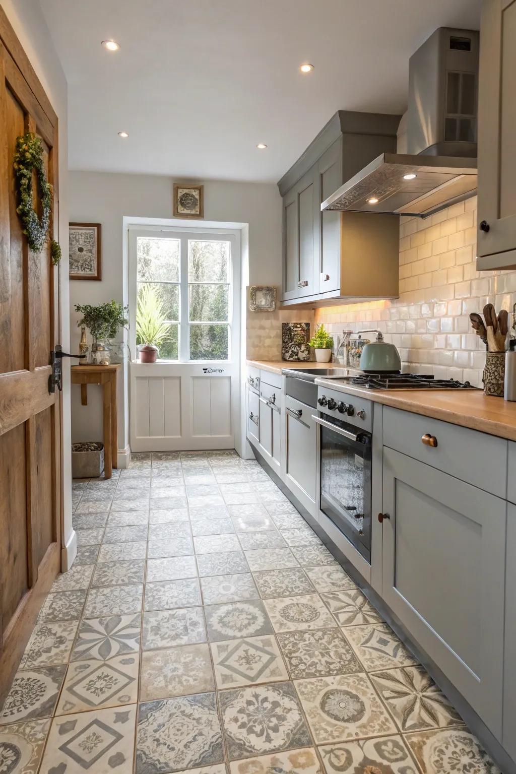 Grey and beige tiled floors bring subtle charm to the kitchen.