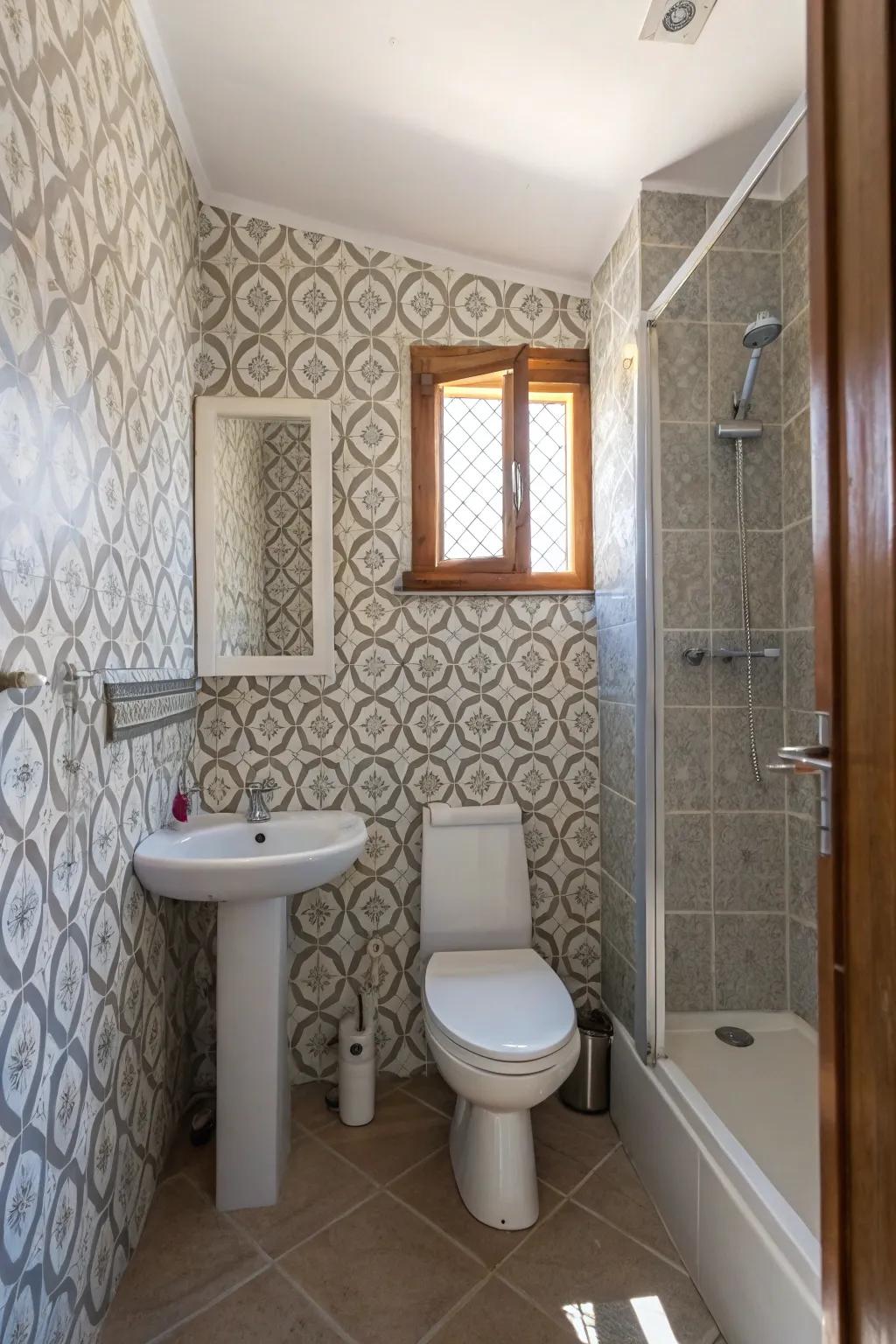 Patterned wallpaper in gray adds elegance and sophistication to a bathroom.