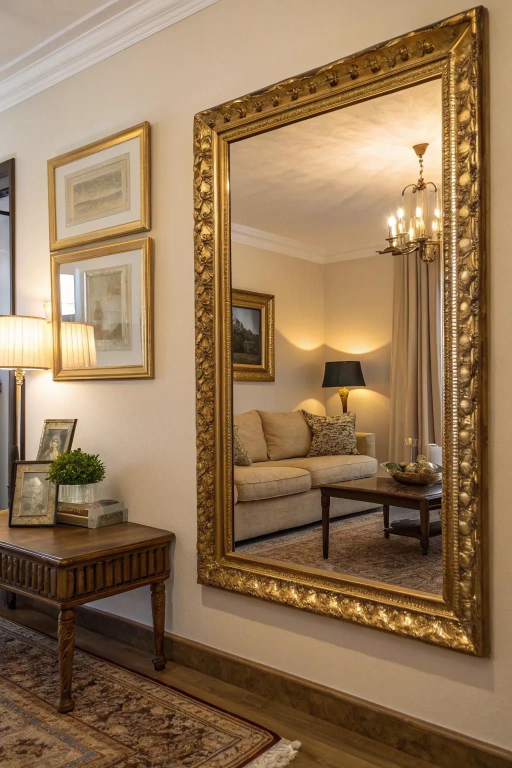 A gold-framed mirror adding depth and light to the room.