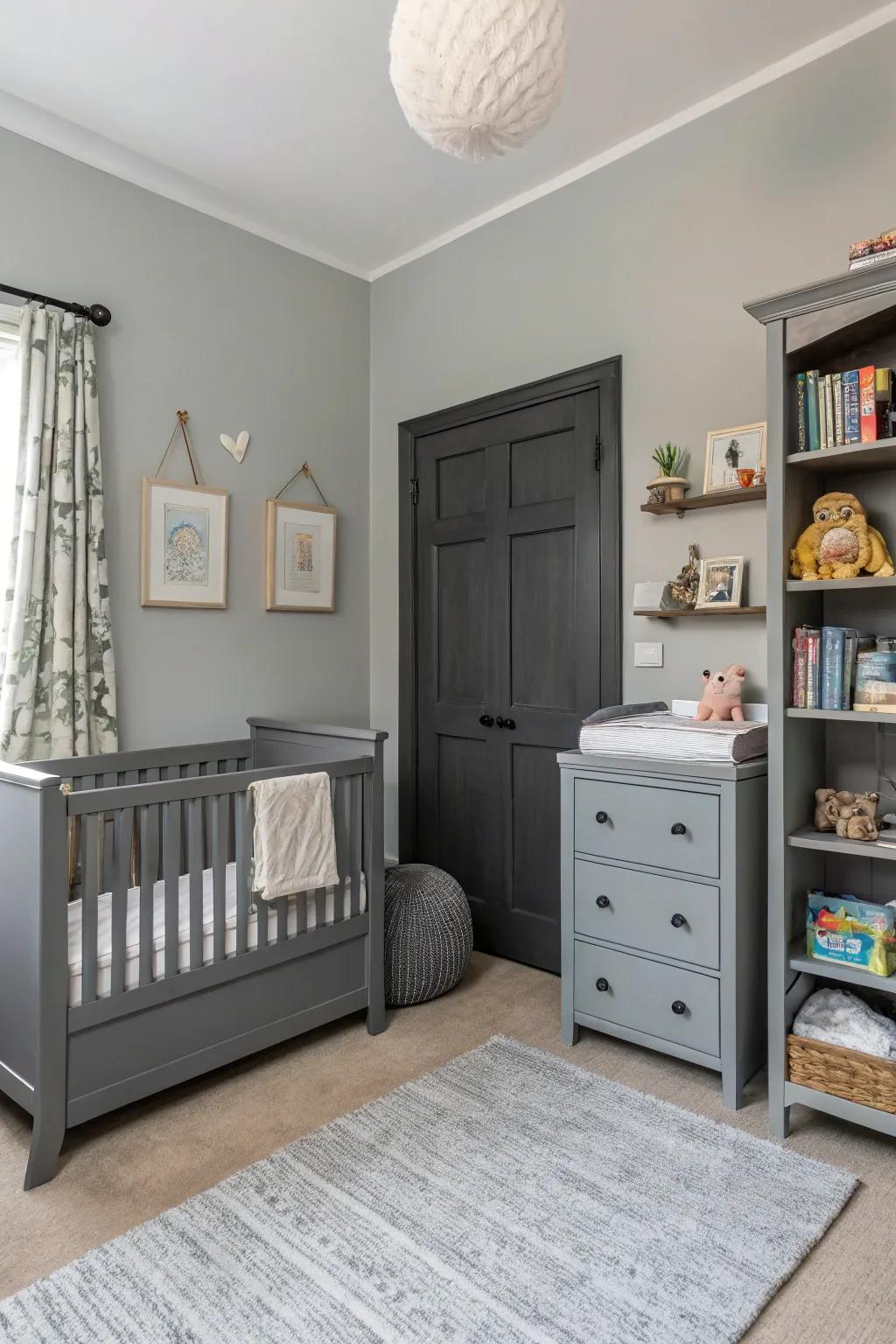 Dark grey accents add depth and contrast to the nursery.