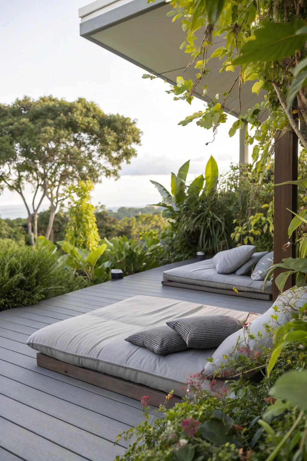 A grey deck with green elements that blend seamlessly with nature.