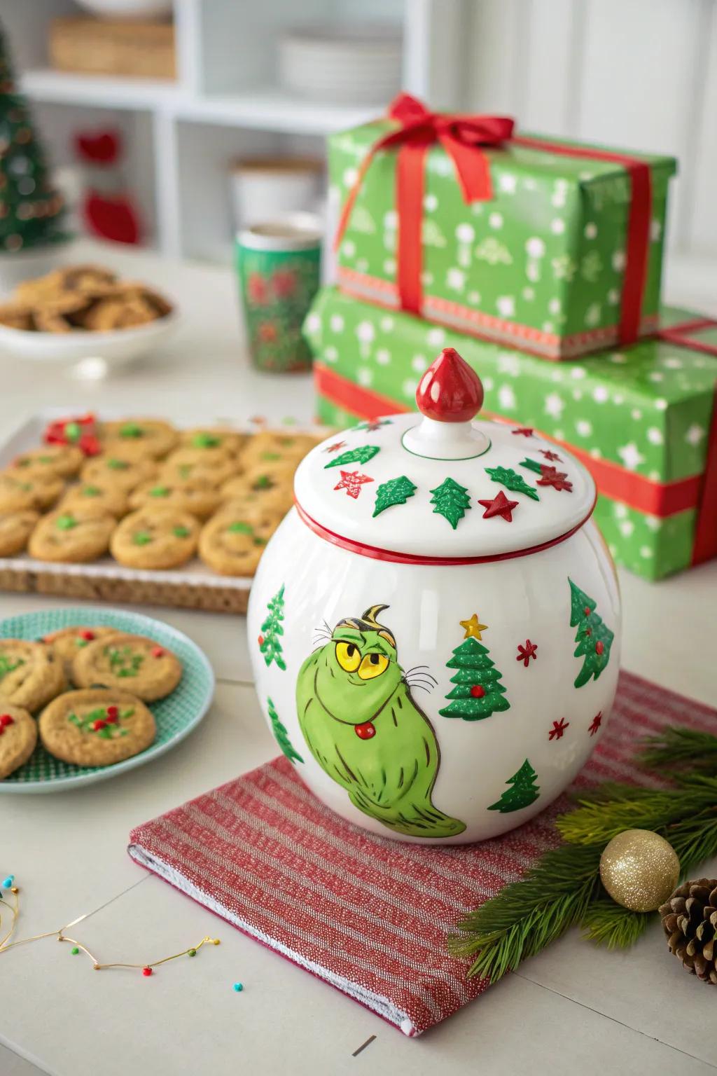 A Grinch-themed cookie jar adding a playful touch to the table.