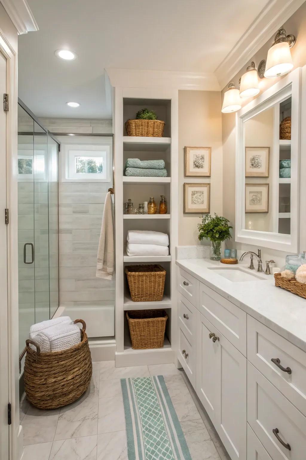 Ample storage keeps this guest bathroom organized and efficient.