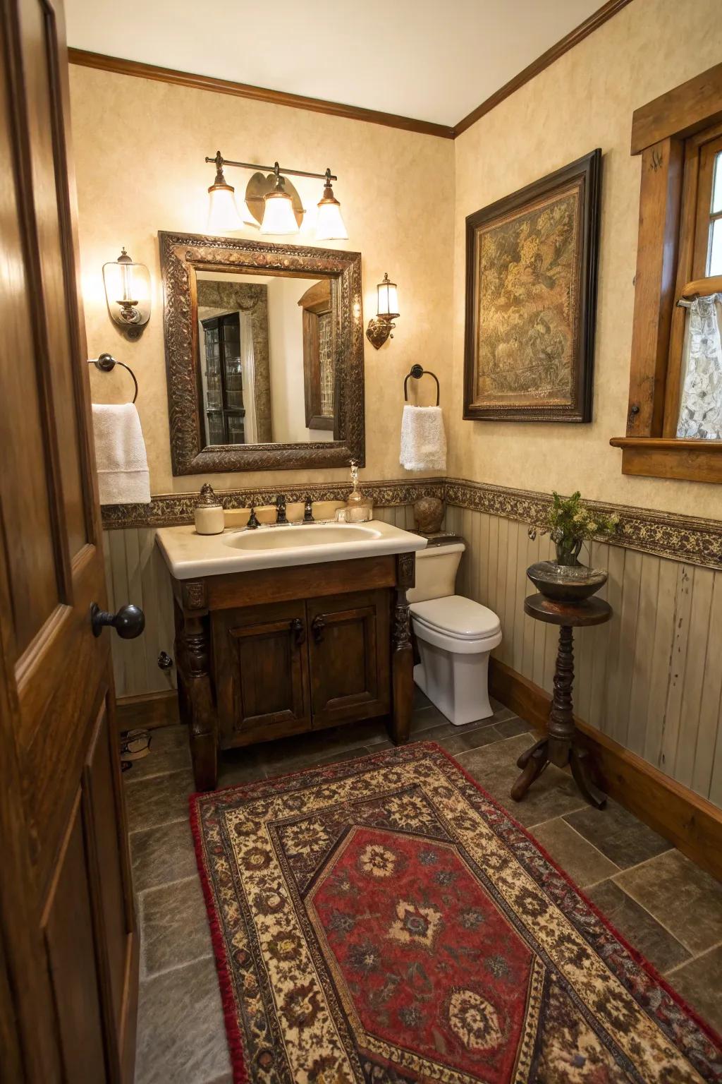 Vintage elements add character and charm to the guest restroom.