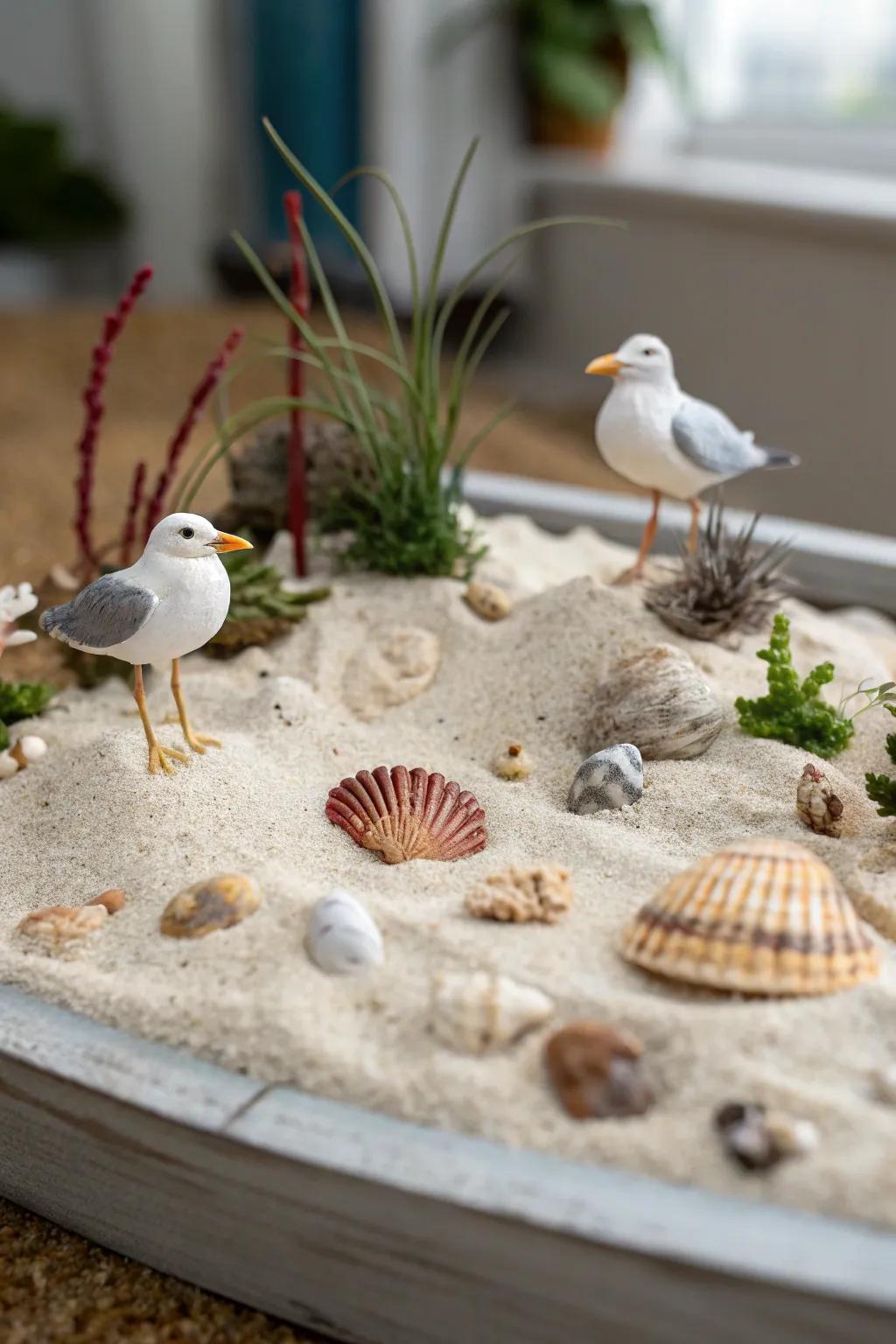 A charming coastal habitat diorama with sandy shores and seagulls.