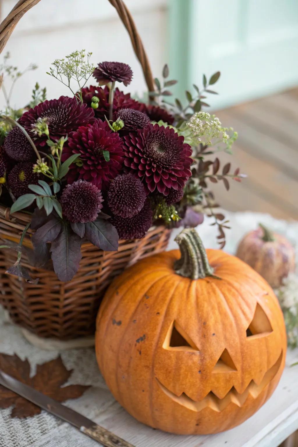 A pumpkin floral basket centerpiece filled with dark blooms.