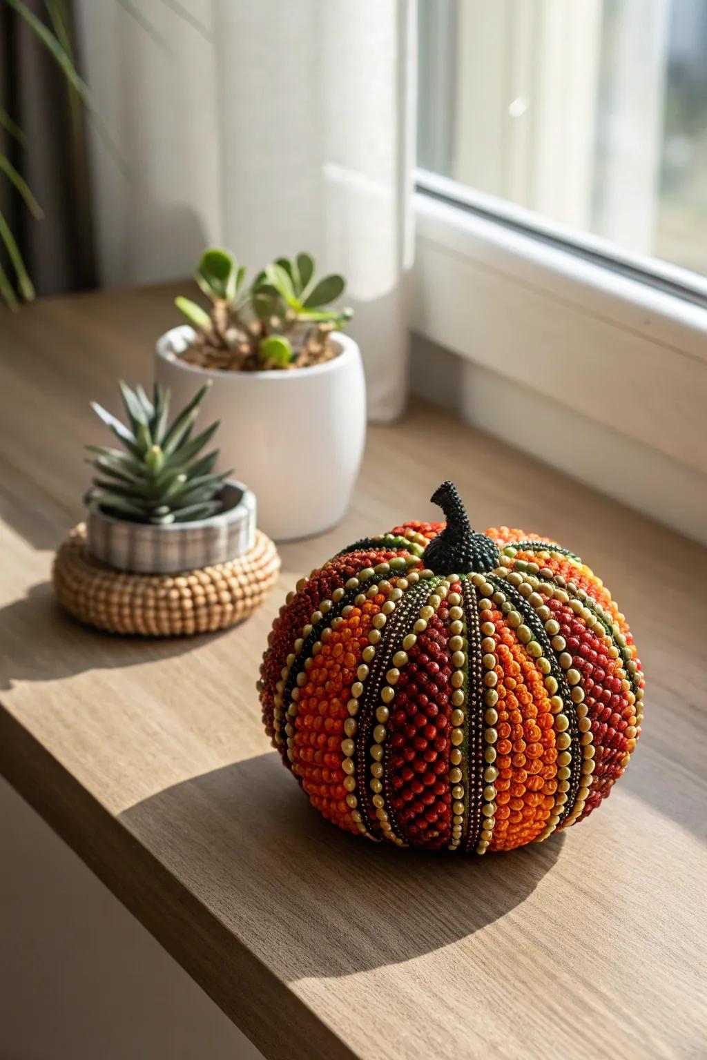 Elevate your desk decor with this charming beaded pumpkin, a perfect blend of creativity and elegance.