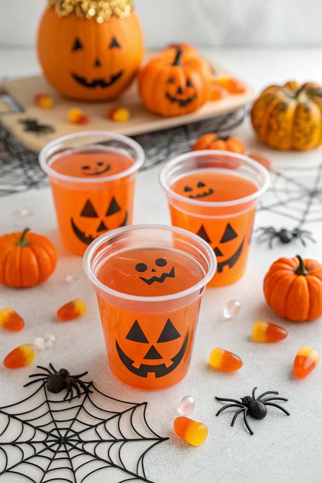 Jack-o'-lantern jello cups lighting up the dessert table.