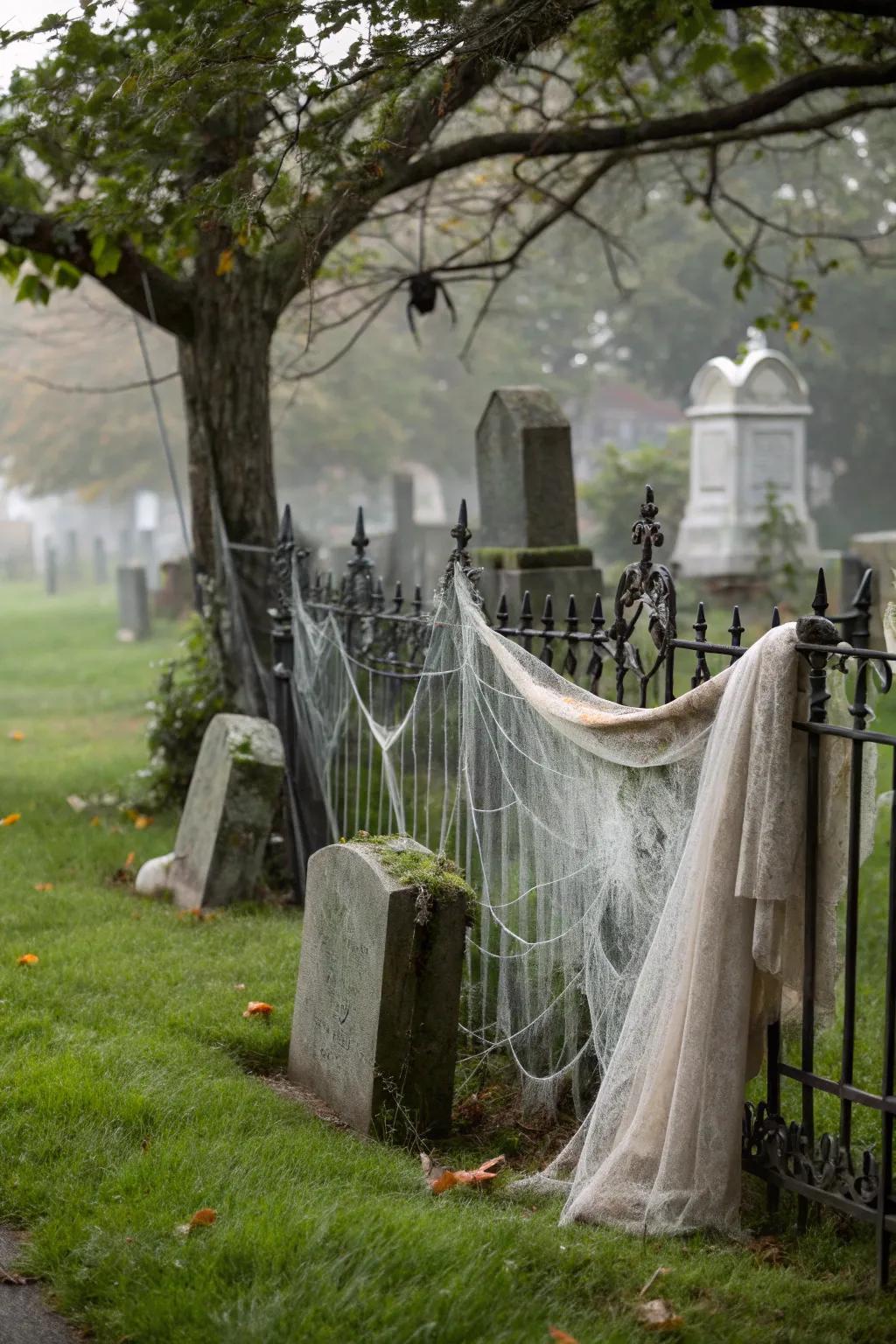 Creepy cloth and webs enhance the haunted look.