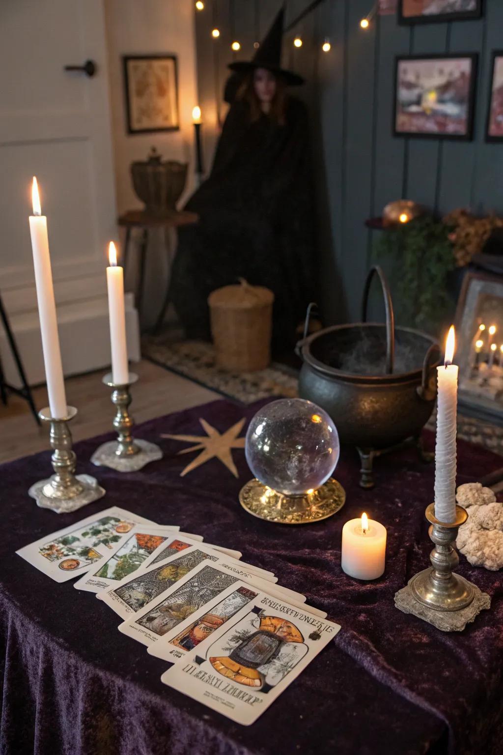 A mystical tarot card reading station for Halloween.