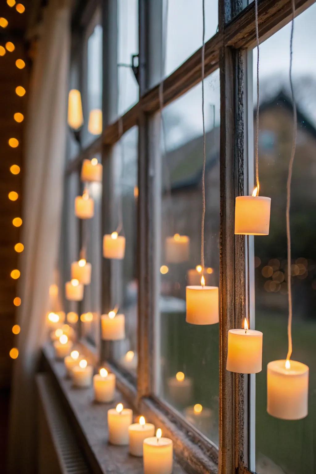 Floating candles create a magical window display for Halloween.