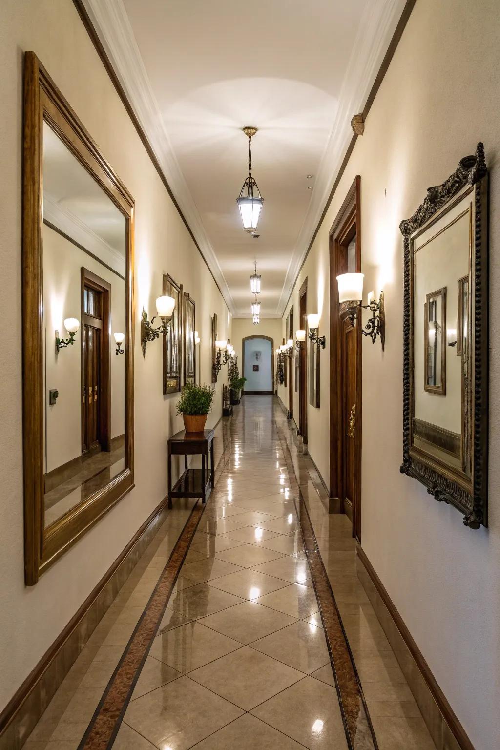 Symmetrical decor elements create a balanced and harmonious hallway.