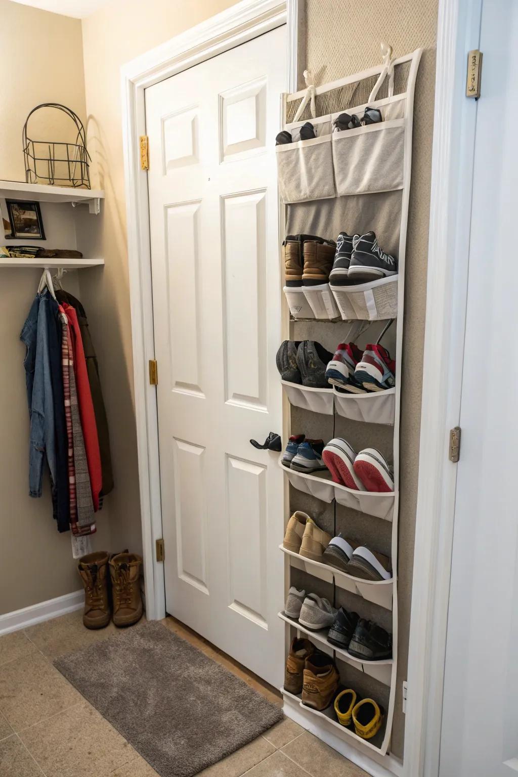 Over-the-door organizers save space efficiently.