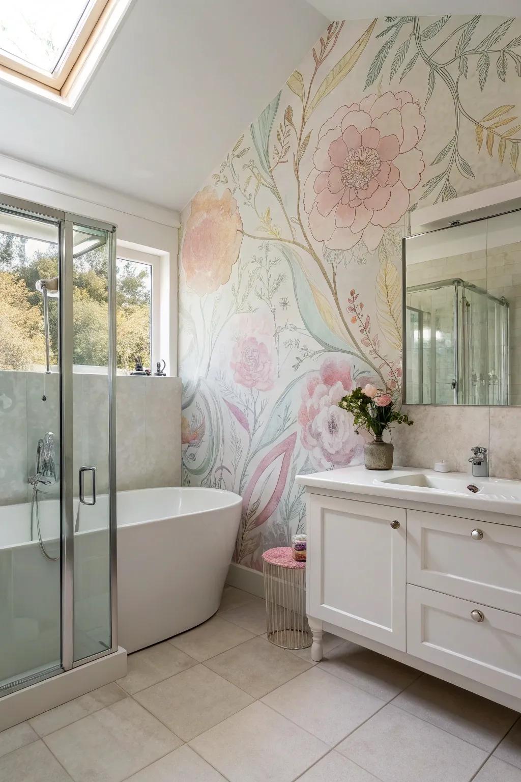 Watercolor techniques bring a dreamy, spa-like feel to the bathroom.