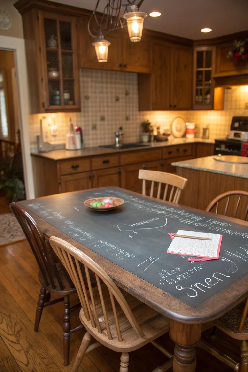 A chalkboard tabletop offers fun and practicality in the kitchen.