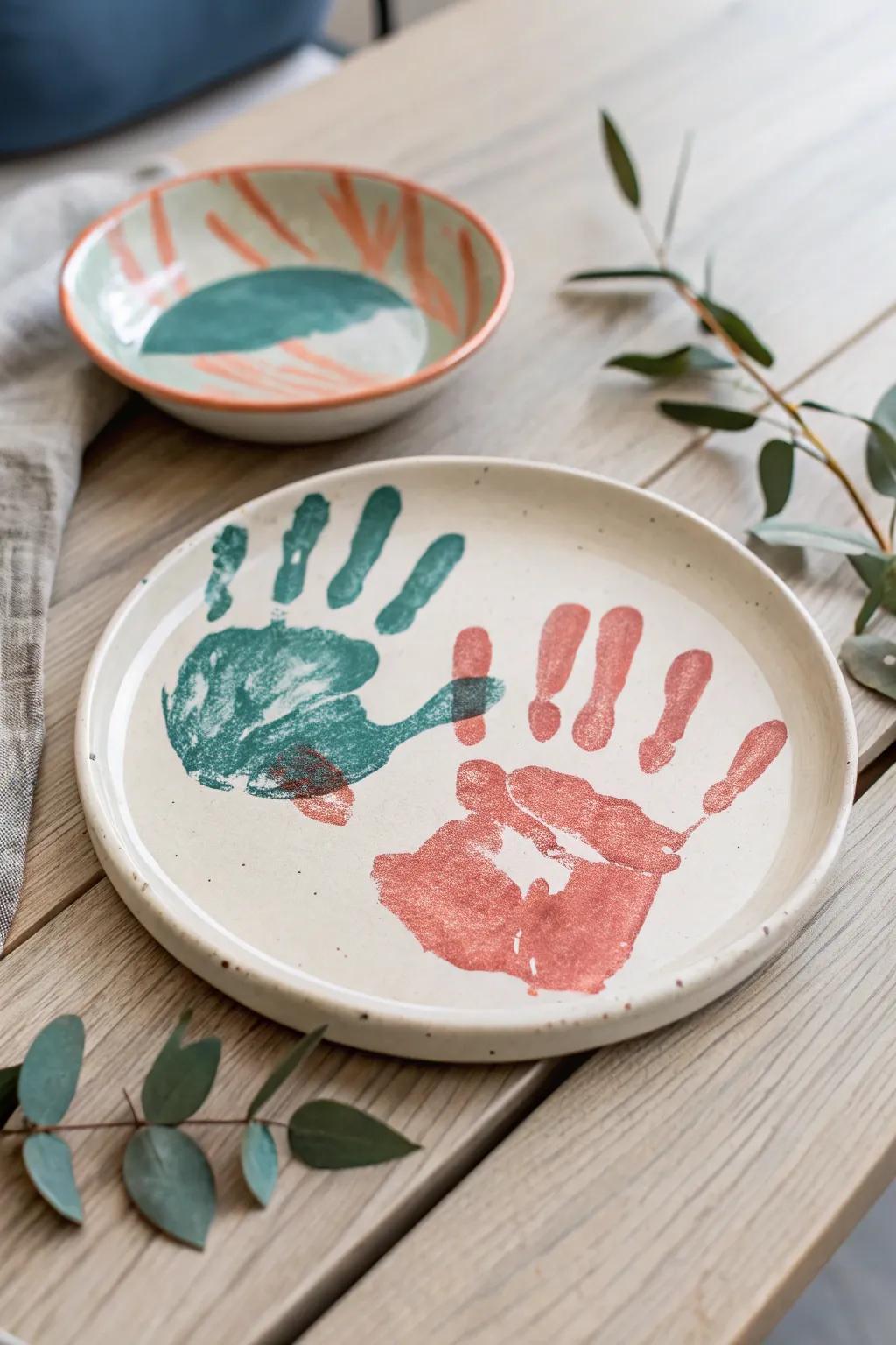 Embrace the charm of personalized elegance with these handprint ceramic plates—perfect for adding a unique touch to your table setting.